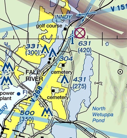 A standard closed airport symbol overlying the location of the former Fall River Municipal Airport in Massachusetts.